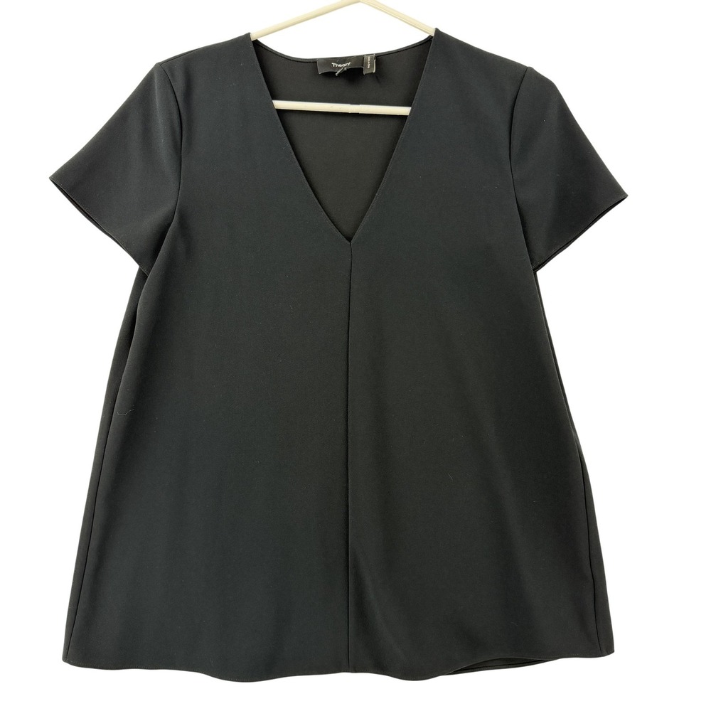 Theory Blouse Womens Small Black V Neck Short‎ Sleeve A Line Crepe Work Top